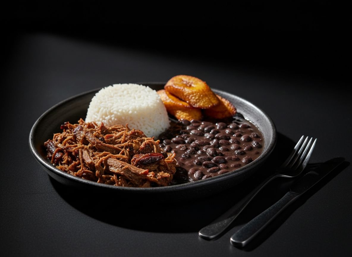 Plated Cuban restaurant dish — shredded beef, white rice, black beans and fried sweet plantains, shot in moody studio lighting on a dark table